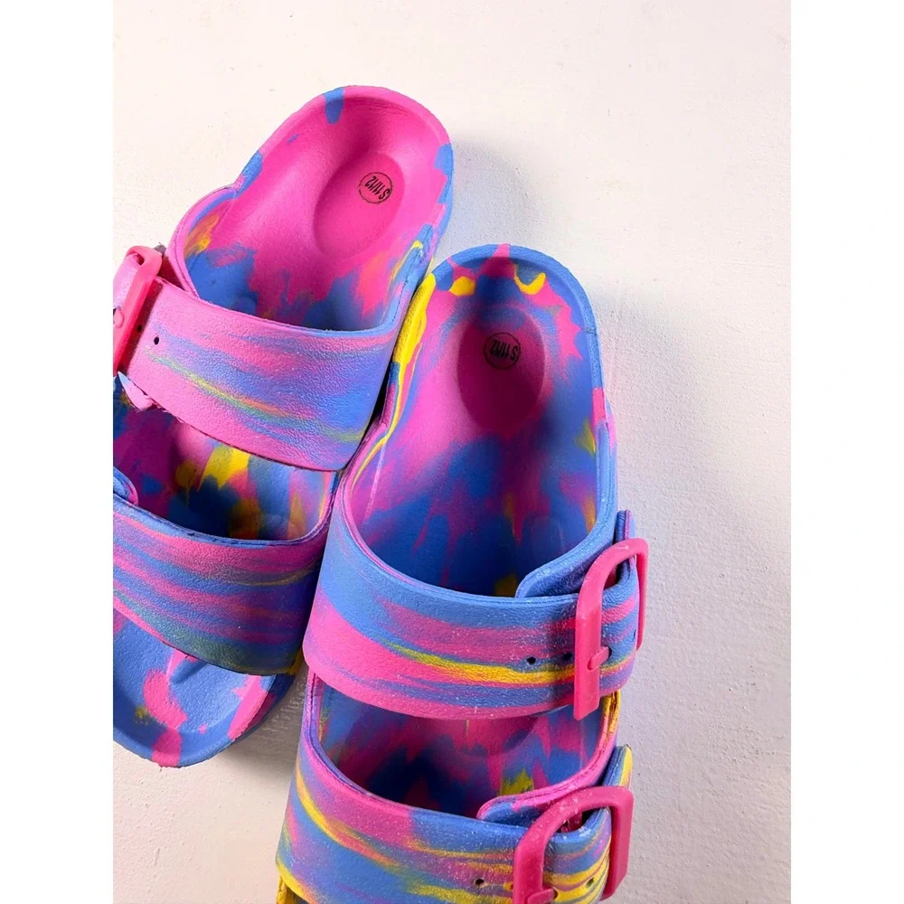 Sandals Kids S 11/12 Pink Blue Tie Dye Y2K Double Buckle Slides